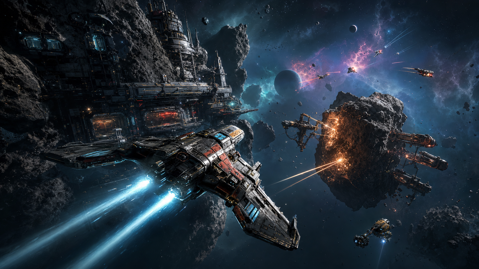 Misfit Galaxy ship escaping an asteroid field under fire.